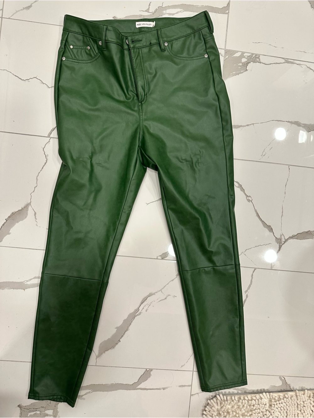 Avec Les Filles Green Faux Leather Pants with Zip Detail